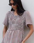 AMONG THE BRAVE WREN GINGHAM SS SHIRRED BODICE MIDI DRESS
