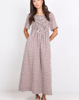 AMONG THE BRAVE WREN GINGHAM SS SHIRRED BODICE MIDI DRESS