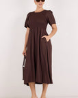 RE:UNION WREN LINEN BLEND SHORT SLEEVE SHIRRED BODICE MIDI DRESS