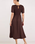 RE:UNION WREN LINEN BLEND SHORT SLEEVE SHIRRED BODICE MIDI DRESS