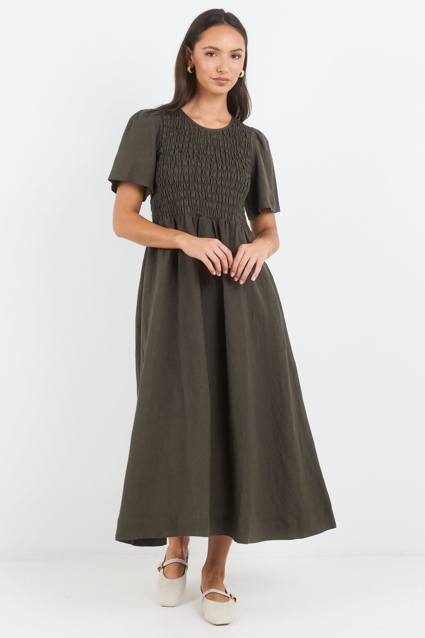 RE:UNION WREN SS SHIRRED BODICE MIDI DRESS
