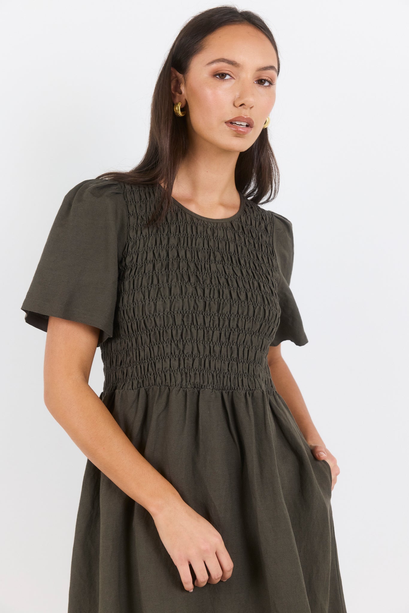 RE:UNION WREN SS SHIRRED BODICE MIDI DRESS