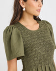 RE:UNION WREN LINEN BLEND SS SHIRRED BODICE MIDI DRESS