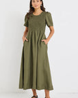 RE:UNION WREN LINEN BLEND SS SHIRRED BODICE MIDI DRESS