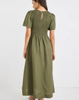 RE:UNION WREN LINEN BLEND SS SHIRRED BODICE MIDI DRESS