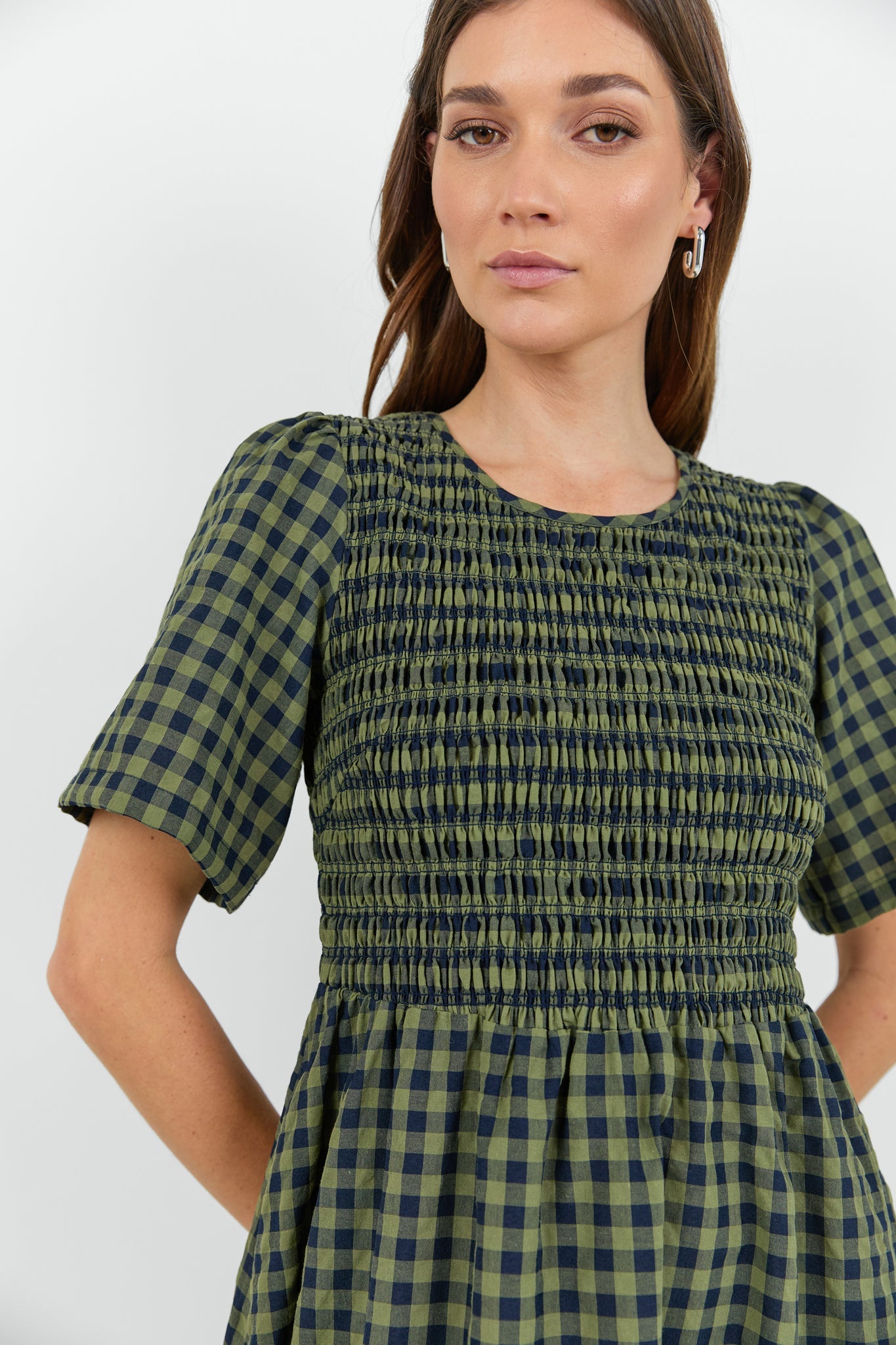 RE:UNION WREN GINGHAM SHIRRED BODICE MIDI DRESS