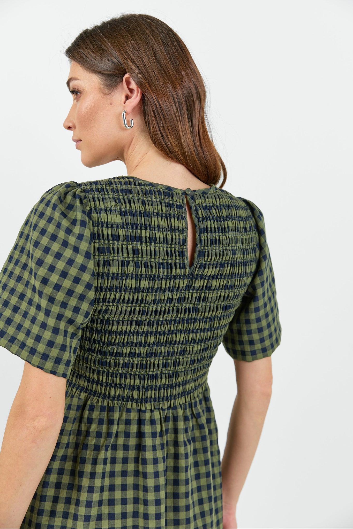 RE:UNION WREN GINGHAM SHIRRED BODICE MIDI DRESS