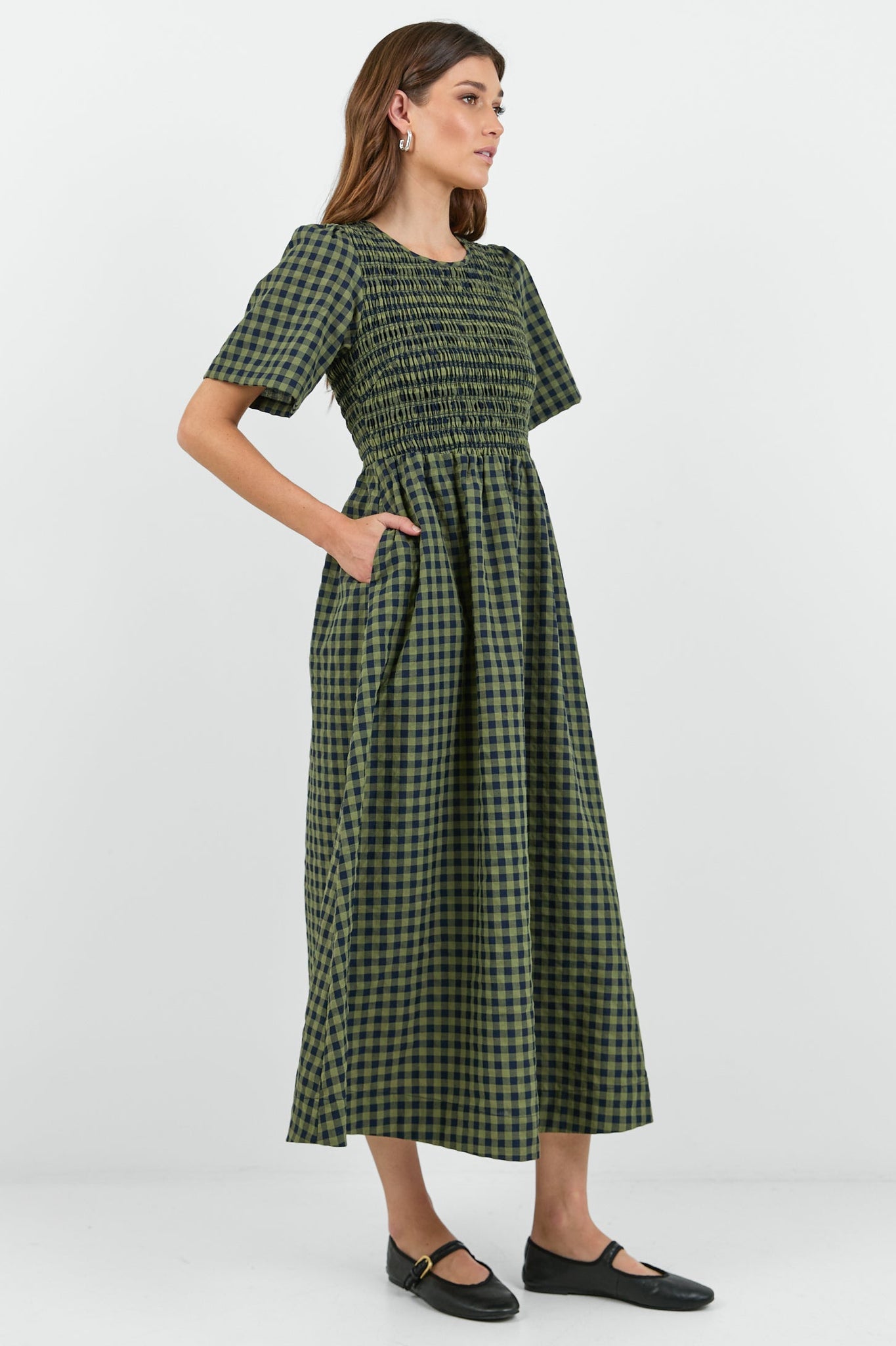 RE:UNION WREN GINGHAM SHIRRED BODICE MIDI DRESS