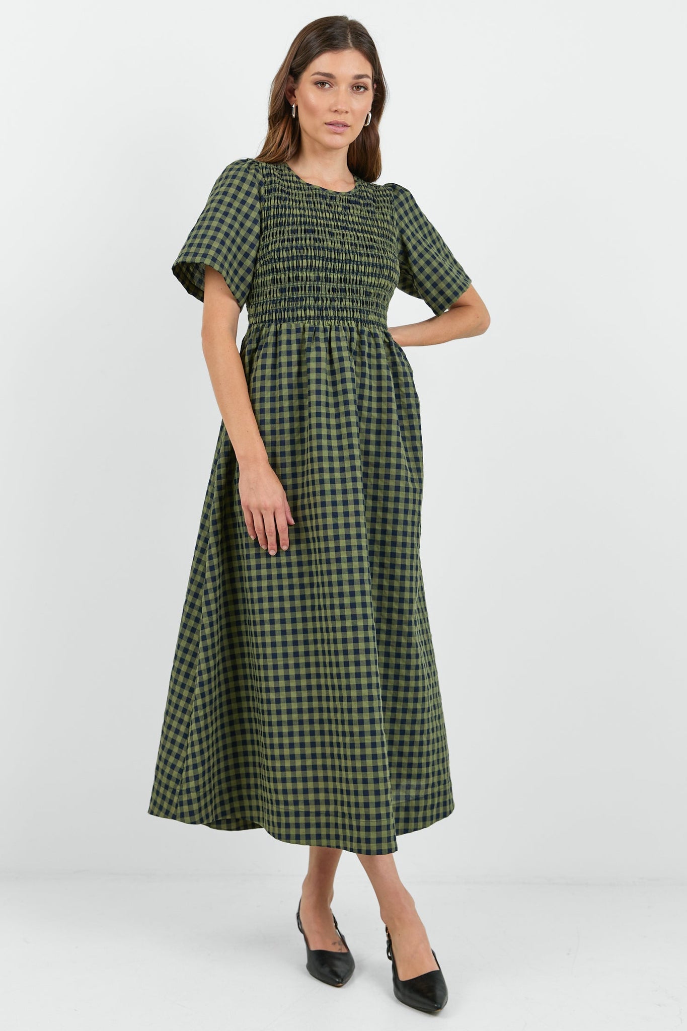 RE:UNION WREN GINGHAM SHIRRED BODICE MIDI DRESS