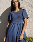 RE:UNION WREN COTTON SS SHIRRED BODICE MIDI DRESS