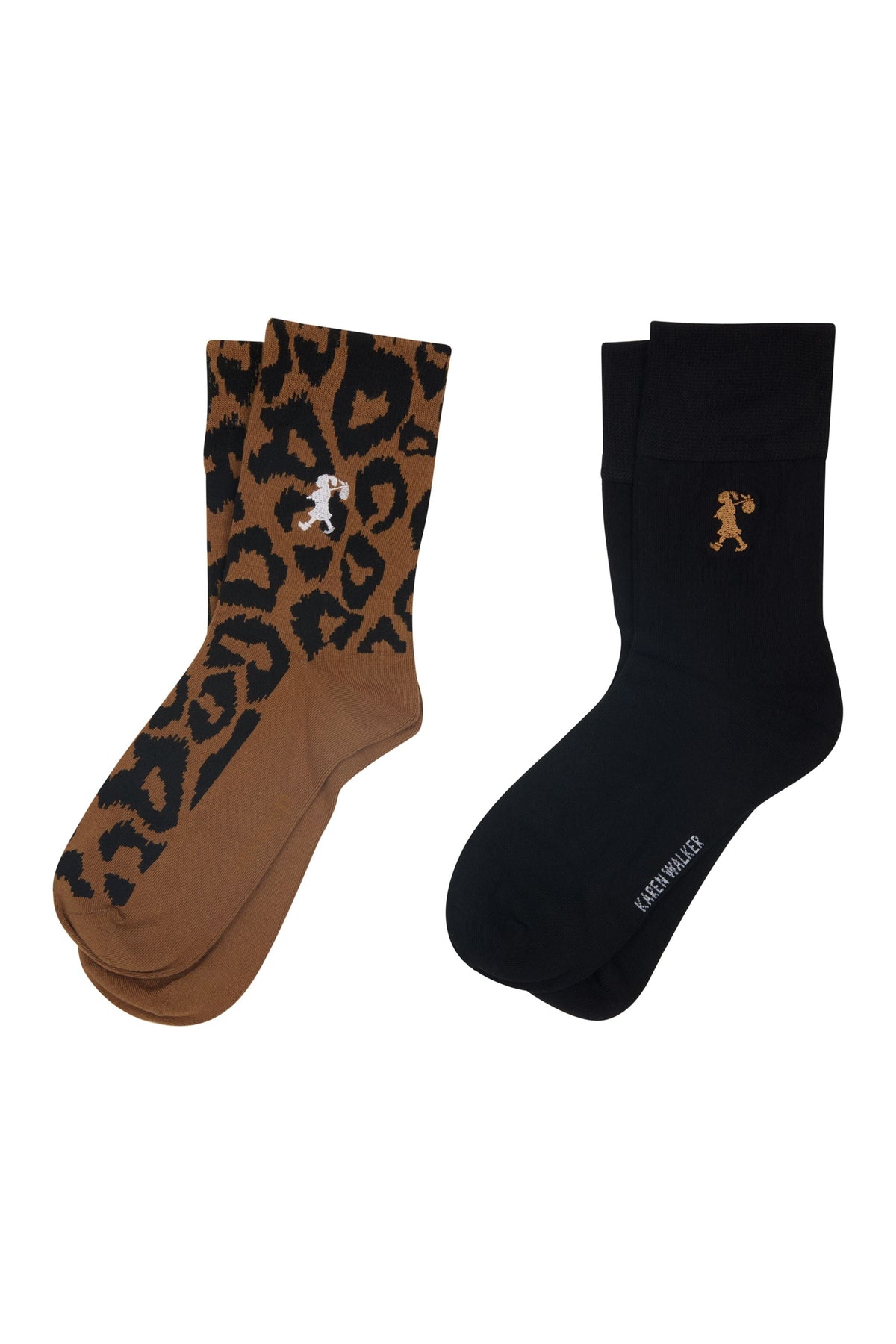 KAREN WALKER LEOPARD SOCKS 2 PACK - TAN/BLACK