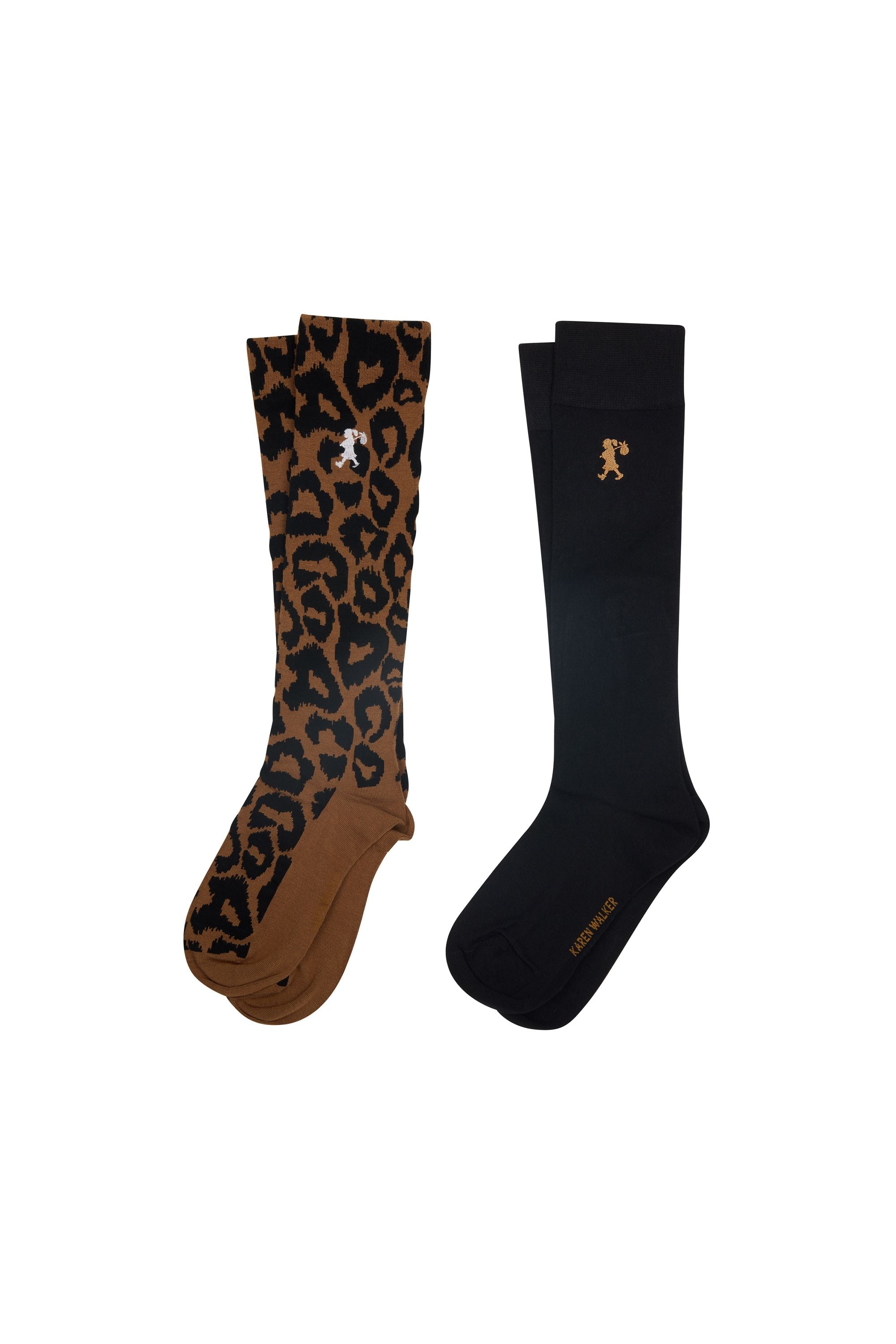 KAREN WALKER LEOPARD KNEEHIGH SOCKS 2 PACK - TAN/BLACK