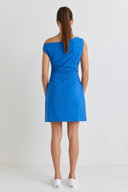 STORIES BE TOLD SECRETS LAKE BLUE OFF SHOULDER TUCK MINI DRESS