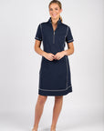 VASSALLI SS CONTRAST STITCH KNIT DRESS WITH HALF ZIP FRONT