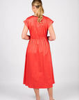 VASSALLI V NECK SHIRRED WAIST DRESS WITH CONTRAST TRIM