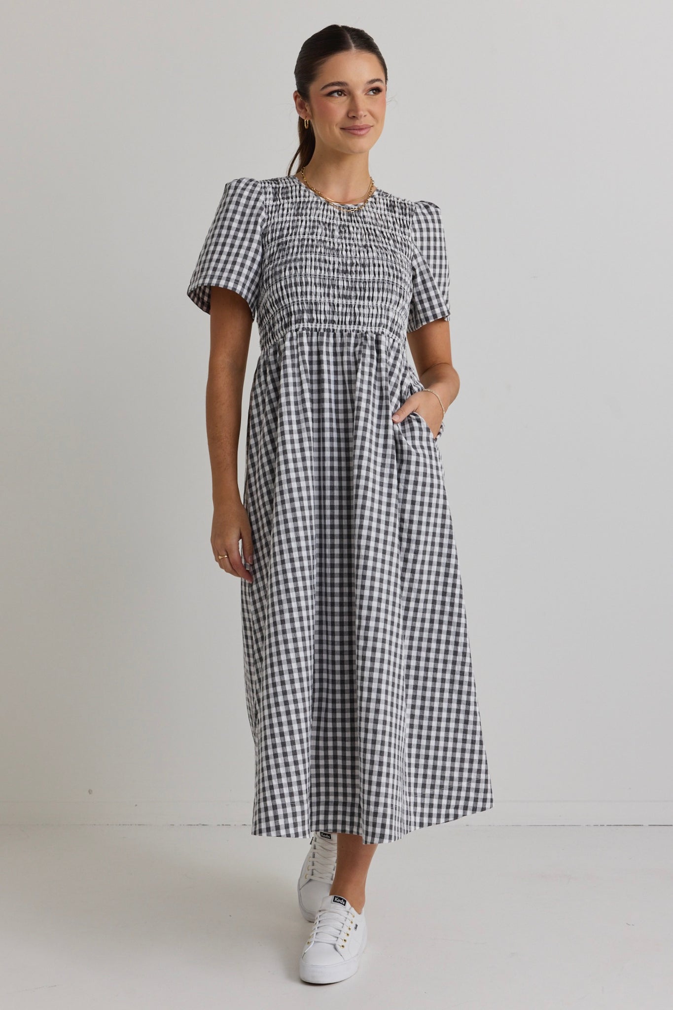 RE:UNION WREN GINGHAM SS SHGIRRED BODICE MIDI DRESS