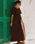 RE:UNION WREN LINEN BLEND SS SHIRRED BODICE MIDI DRESS